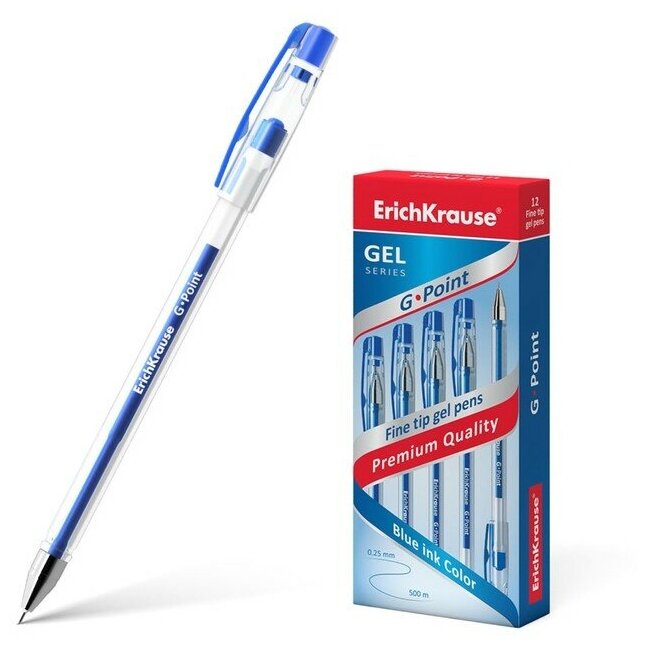 Ручка гелевая ErichKrause G-Point, чернила синие, узел 0.38 мм, длина линии письма 500 метров, 12 штук