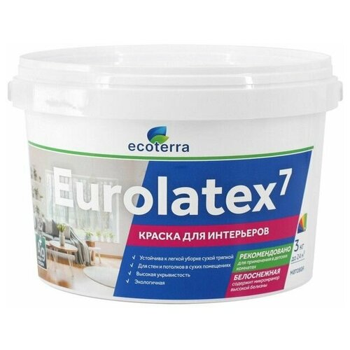 Краска акриловая ECOTERRA Eurolatex 7 для стен и потолков 3кг белая, арт. ЭК000135288 краска интерьерная аквест 4 стандарт 3кг белая