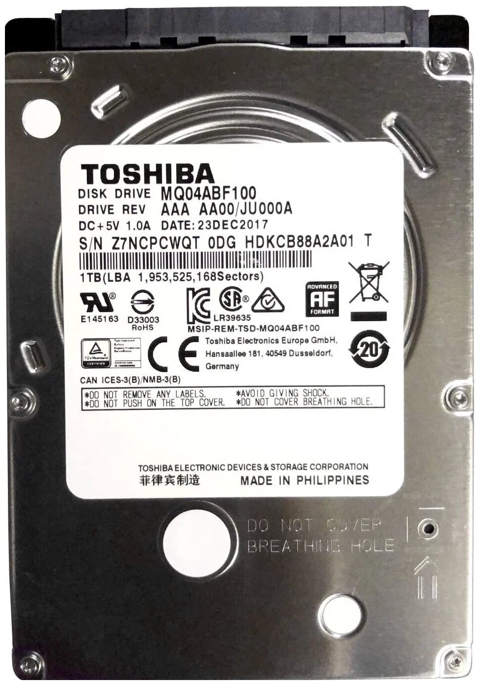 2.5" 1TB Toshiba Mobile HDD MQ04ABF100 SATA 6Gb/s 128pin 5400RPM