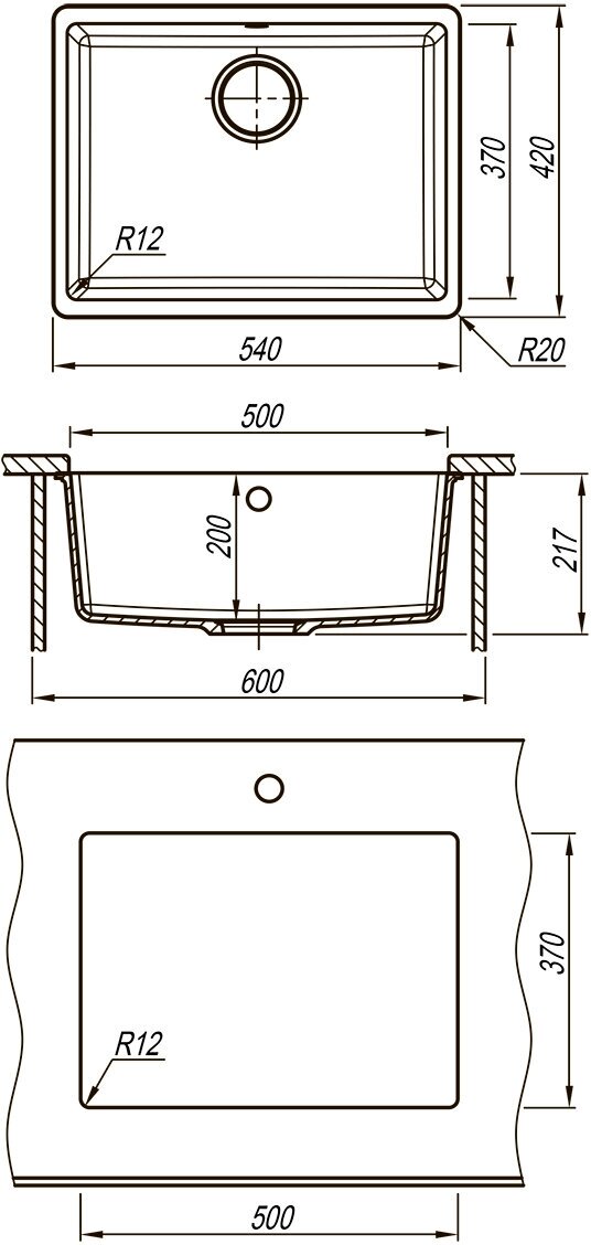 SINARA 540-U Мойка кухонная из кварцгранита цвет: грей комплектация: крепеж, сливная арматура с переливом в комплекте арт.9910075