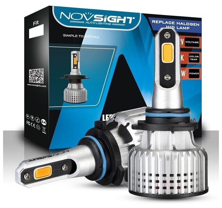 Светодиодная лампа Novsight N12Y HB4 9006 цоколь P22d 72Вт 2шт 3000К желтый свет LED автомобильная