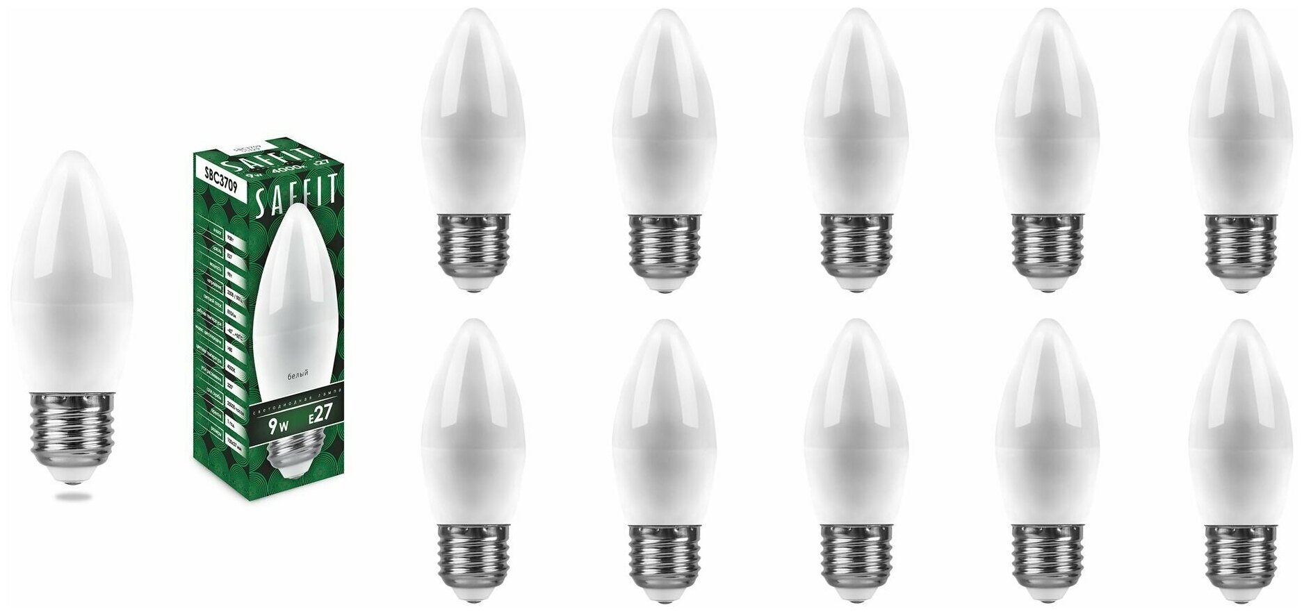Лампочка светодиодная Saffit 9W=90W 230V E27 Свеча C37 810Лм Ra>80 4000К, упаковка 10шт.