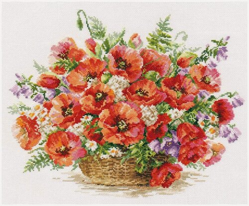 Изображение товара Набор для вышивания крестом Алиса "Корзина маков" 2-28, 40х30см Творческий набор с комплектом качественных ниток мулине, хлопковой канвой, удобной иглой, подробной схемой и инструкцией
