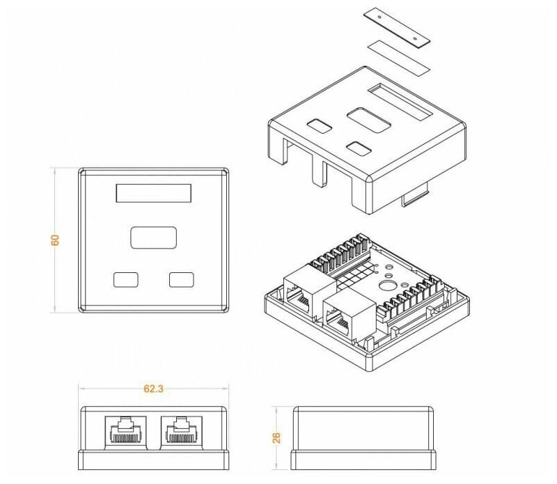 Розетка компьютерная 2-м ОП SB1-2-8P8C-C5e-WH RJ45 (8P8C) кат.5E Dual IDC Hyperline 430234