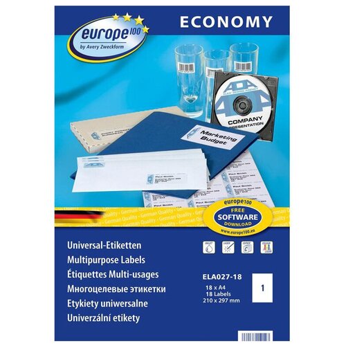 Этикетки самоклеящиеся Europe ELA027-18, 210х297мм, на листеА4 18 листов в упаковке