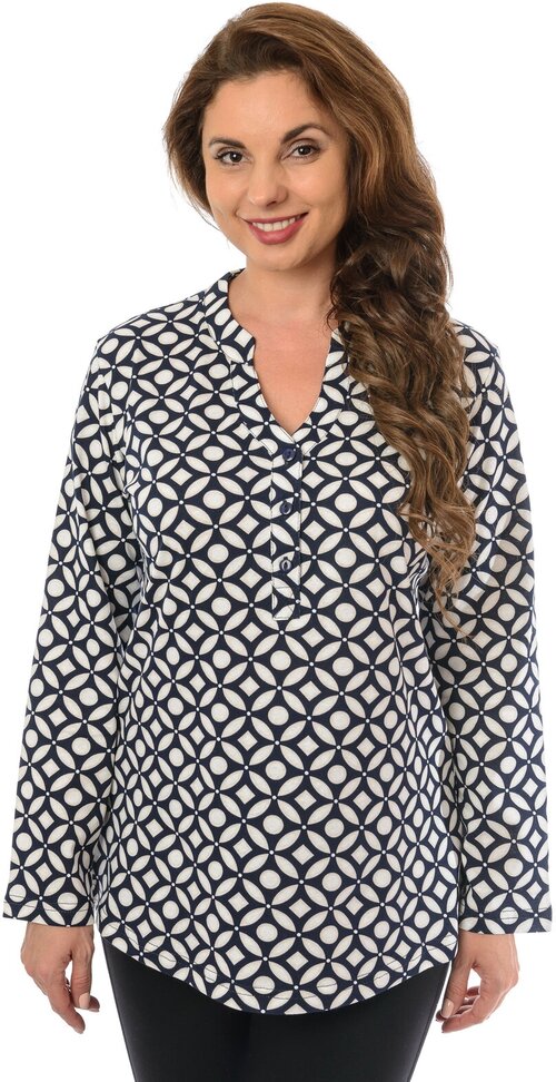 Блуза  Алтекс, повседневный стиль, полуприлегающий силуэт, длинный рукав, размер 54, белый, синий