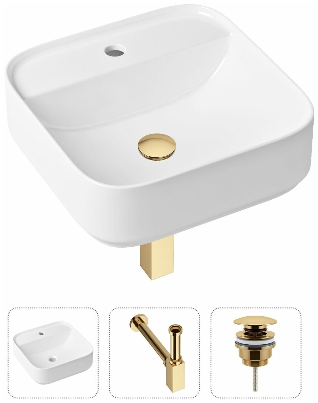 Накладная раковина в ванную Lavinia Boho Bathroom Sink Slim 21520290 в комплекте 3 в 1: умывальник белый, донный клапан и сифон в цвете золото - фотография № 1