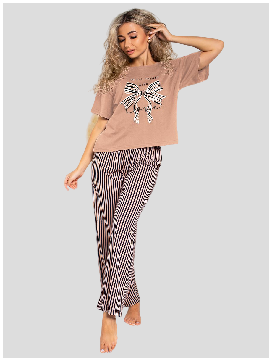 Женская пижама с брюками Лабель Бежевый 52 Кулирка Brosko - фотография № 1