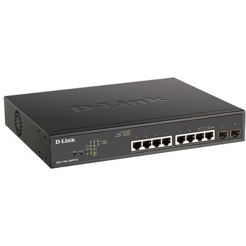 Коммутатор D-Link DGS-1100-10MPPV2/A3A, 8x10/100/1000 Base + 2xSFP, 242 Вт PoE, 20 Гбит/с, VLAN, IPv6, Web-интерфейс, монтаж в шкаф 19, черный