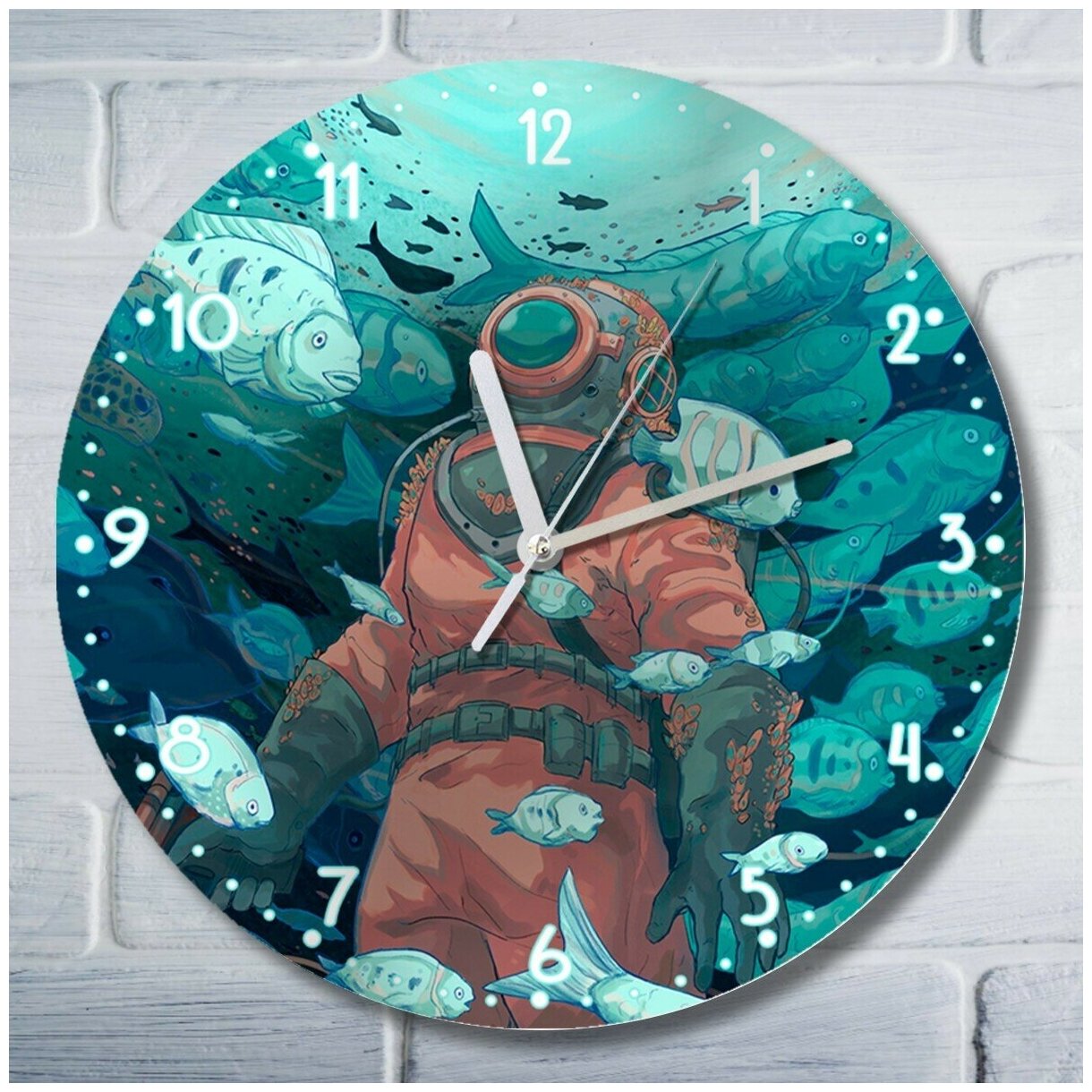 Настенные часы УФ с рисунком фэнтези водолаз море рыбы - 3154