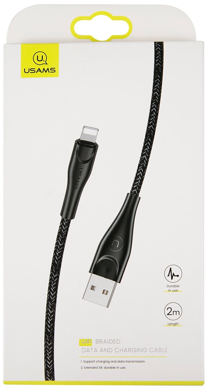 Дата-Кабель USAMS-SJ394 USB - Lightning (2 м) нейлоновая оплетка, черный (SJ394USB01)