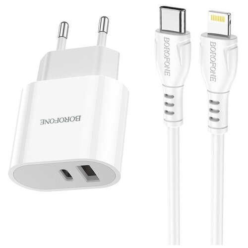 Сетевое зарядное устройство BOROFONE BA62A Wiseacre 1xUSB + USB-C + кабель USB-C Lightning 8 pin, 1м, 2,4A (белый)