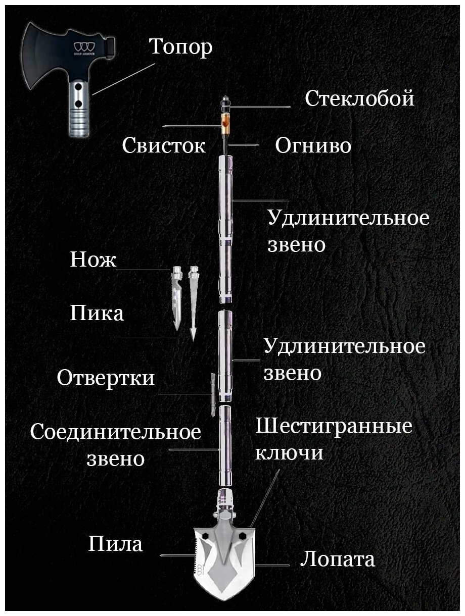 Многофункциональный тактический туристический набор для выживания с лопатой, топором и фонарем