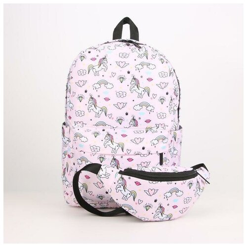 рюкзак на молнии наружный карман 2 боковых кармана поясная сумка цвет розовый Рюкзак, отдел на молнии, наружный карман, 2 боковых кармана, поясная сумка, цвет розовый, Единороги