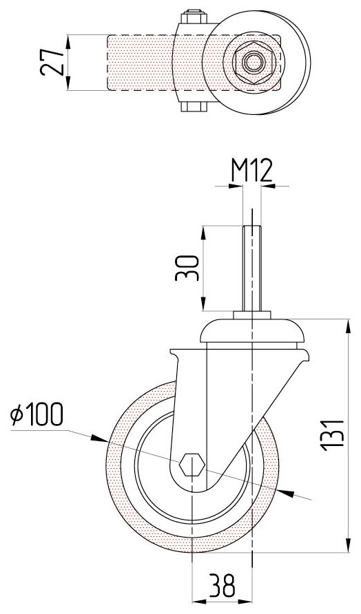 Колесо поворотное 100 мм. на штыре М12 серая резина(33100T) - фотография № 2