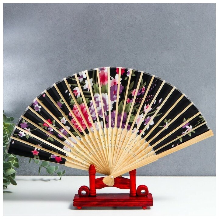 Веер бамбук, текстиль h=21 см "Цветы" с чехлом, чёрный - фотография № 3