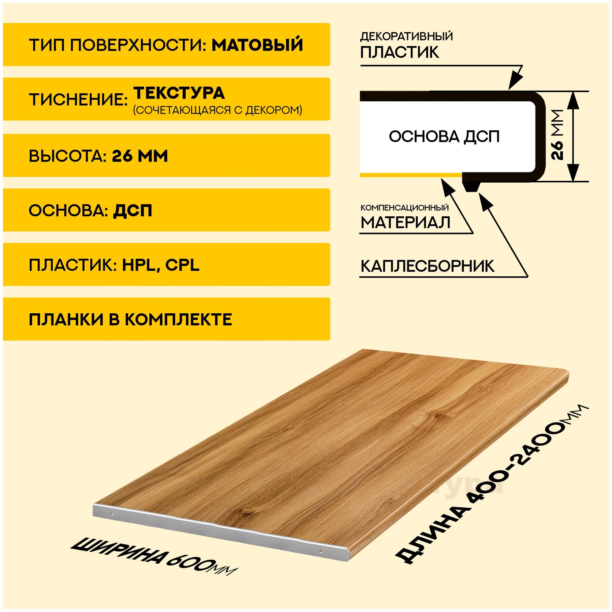 Столешница для кухни Скиф 800х600x26мм с торцевыми планками. Цвет - Дуб Корсика светлый - фотография № 5