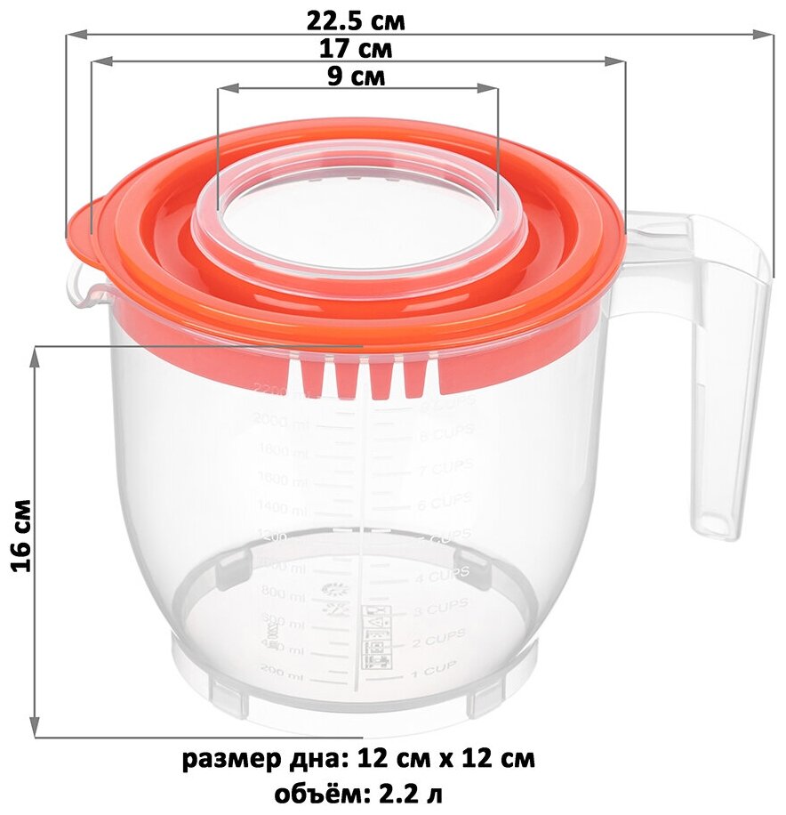 Ёмкость для миксера (блендера) 2,2 л 22,5х17х16 см с крышкой, прозрачно-коралловая Elab Gallery
