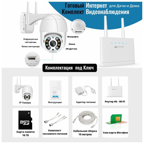 Комплект видеонаблюдения Уличная поворотная WI-FI камера 2 Мп и 4G роутер с сим-картой SD 16 Гб Адаптер питания 10 метров 698000₽