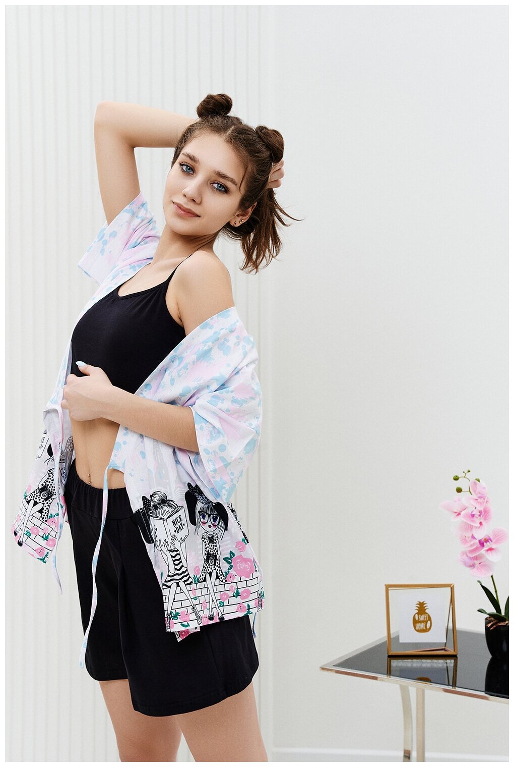 Женская пижама/ домашний костюм ( топ+шорты+кимоно), размер 50 - фотография № 14