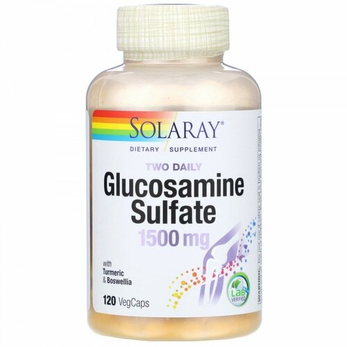Solaray, Сульфат глюкозамина для приема дважды в день, с куркумой и босвеллией, 1500 мг, 120 растительных капсул