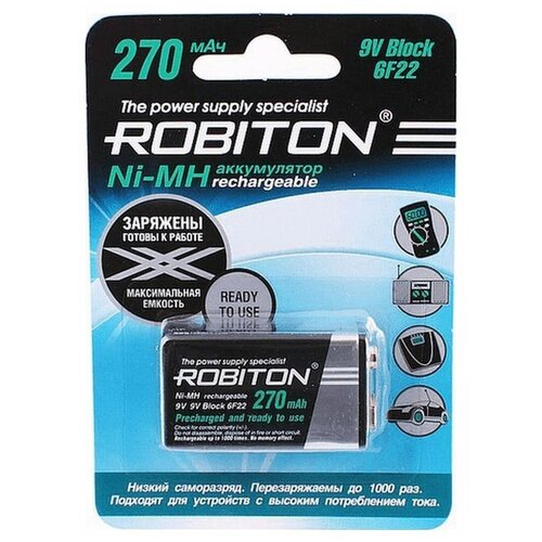 Аккумулятор ROBITON 6F22 (9V) Ni-MH 270mAh ni mh аккумулятор robiton 200mh9 bl 1 12239 9в 200мач размер крона металлогидридный 1шт в упаковке