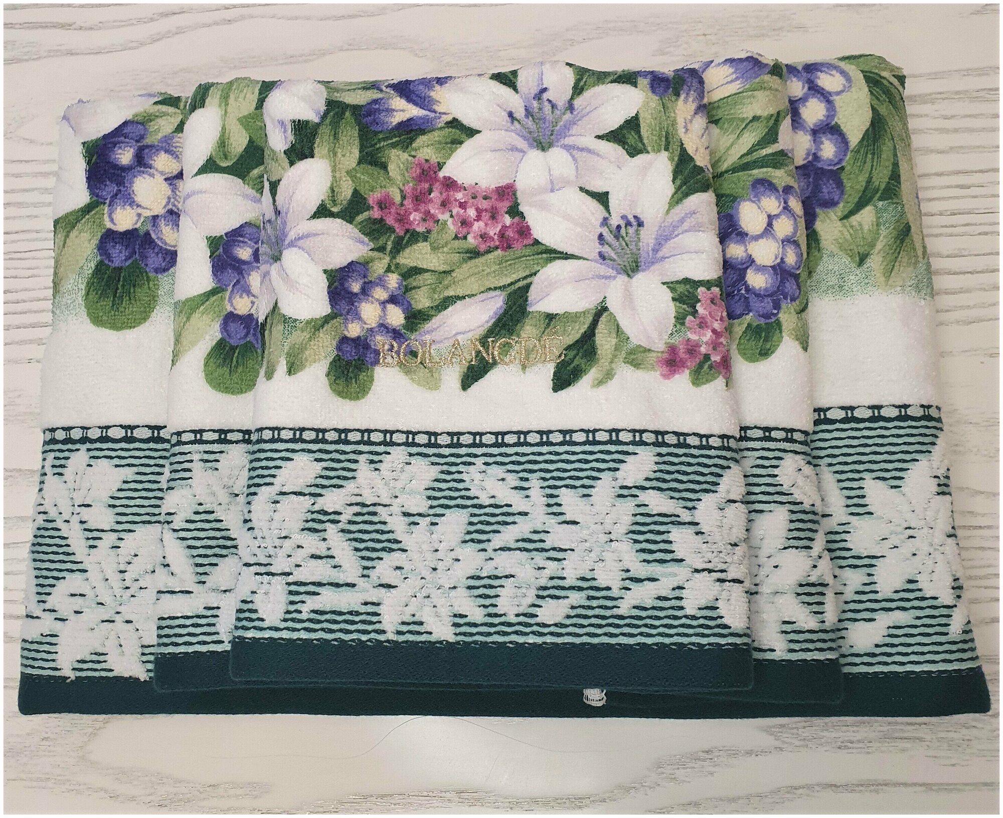 Набор махровых полотенец из 2 шт. 34х75 для лица/рук, хлопок 100%, лилия, Япония 2019А-2-белый/зеленый - фотография № 4