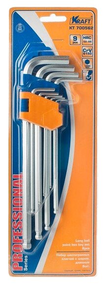 Набор ключей торцевых Kraft шестигранных Г-образных с шаром, длинные, 9шт, - фото №1