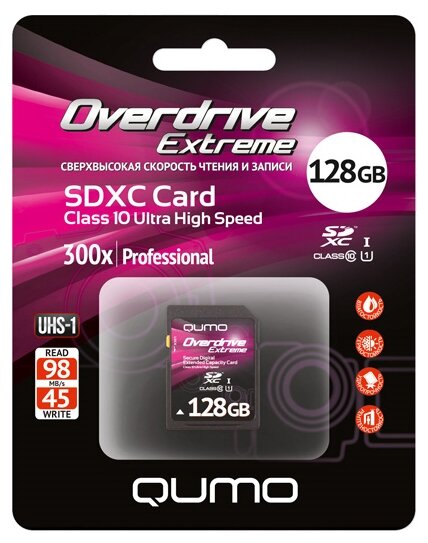 Карта памяти Secure Digital (SD) 128Gb Qumo Overdrive Extreme SDXC Class 10 UHS-I U1 128GB (QM128GSDXC10U1EX300)