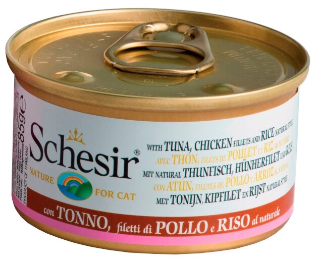 Корм для кошек влажный Schesir / Шезир для животных всех возрастов, кусочки мяса тунца и курицы с рисом, 85г / консервы