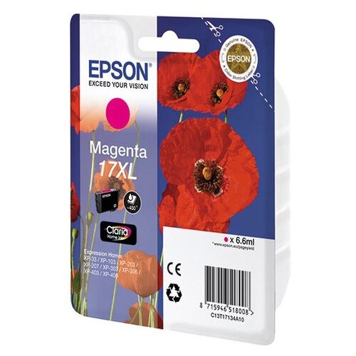 Картридж Epson C13T17134A10, 450 стр, пурпурный epson картридж оригинальный epson c13t05b340 t05b3 xxl пурпурный сверх повышенной емкости 50k