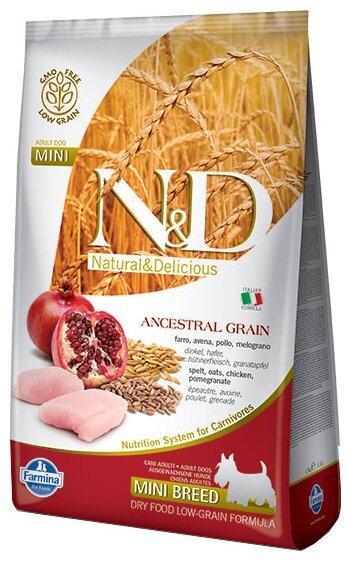 Сухой корм для собак Farmina N&D Ancestral Grain, курица, с гранатом 1 уп. х 1 шт. х 800 г (для мелких и карликовых пород)