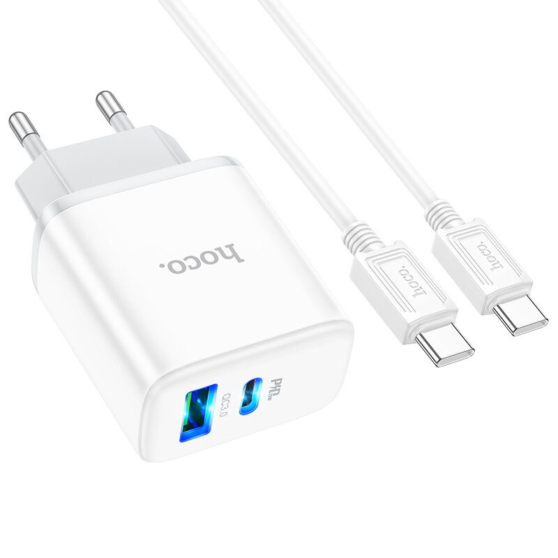 СЗУ, 1 USB 3.0 QC+1 PD 20W (C105A), HOCO, Type-C to Type-C, белый — фото 2