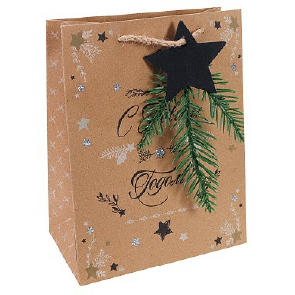 Dream cards Пакет подарочный из крафт бумаги с еловой веточкой глиттером и деревянной звездой 18 х 23 х 10 см (М) Новый год 210 г ПКП-3757