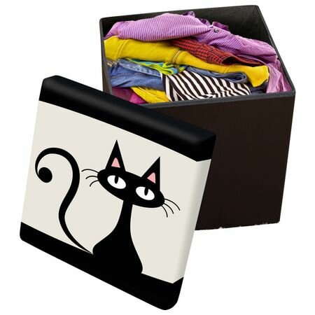 фото пуф складной Кот с отделением для хранения 300x300x300мм черно-белый полиэстер/МДФ