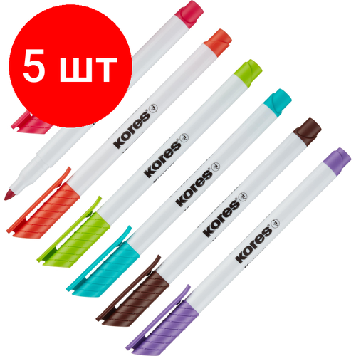 Комплект 5 наб, Набор маркеров для белых досок KORES 6 цв, 2 мм 22846 комплект 7 наб набор маркеров для белых досок kores 6 цв 2 мм 22846