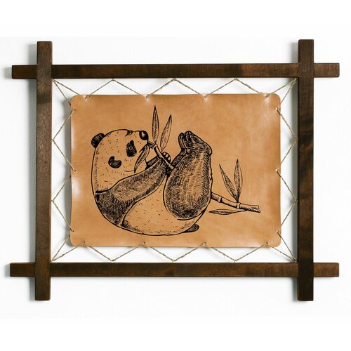 Картина Панда, гравировка на натуральной коже, интерьерная для украшения и декора на стену в деревянной раме, подарок, BoomGift