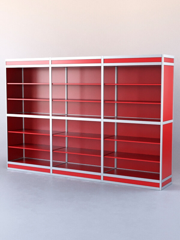 фото Витрина-стеллаж из ал. профиля №3-1 (3-ех метровая), Красный 0149 BS 300 x 50 x 200 см (ДхШхВ)