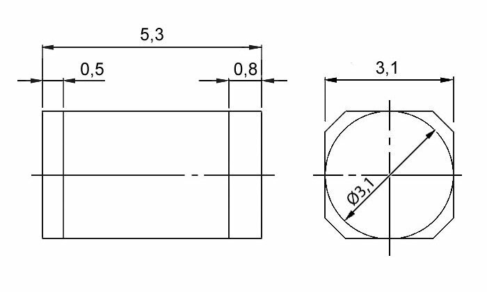 Датчик наклона BL-3150, угол 20 ±10°, отклик 0,002 сек, 6 Вольт. Длина корпуса 5,3 мм, высота/ширина по 3,1 мм. — фото 2