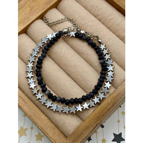 фото Браслет el tro, гематит, агат, 1 шт., размер 38 см, размер l, диаметр 6 см, черный, серебряный