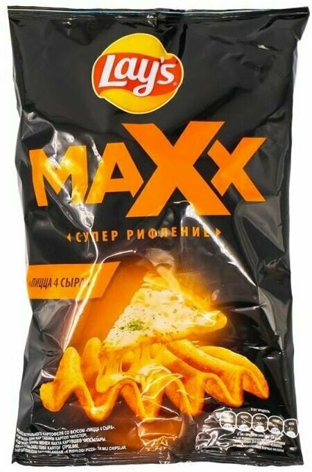 Картофельные рифлёные чипсы, Lays, "Maxx" 110 г со вкусом "Пицца 4 сыра"