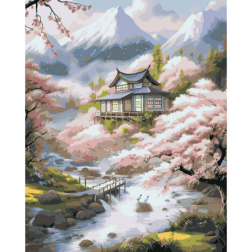 картина по номерам природа пейзаж с домом у ручья на закате Картина по номерам Природа пейзаж с японским домом и сакурой