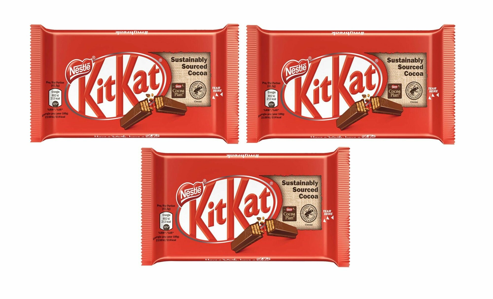 Шоколадный батончик KitKat покрытый молочным шоколадом с хрустящей вафлей, 3 шт. по 41,5 гр. (Германия)