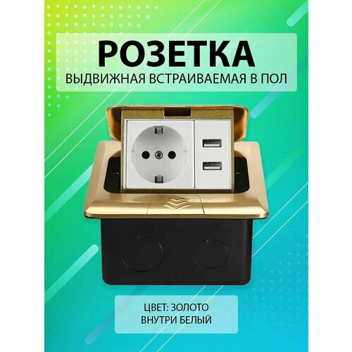 Выдвижная встраиваемая розетка в пол/ 1 пост + 2USB/ Цвет: Золото