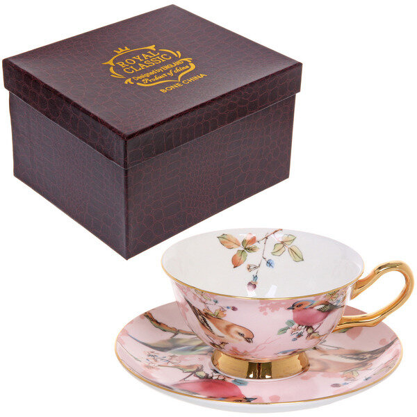 фото Чайная пара «Royal classic» (кружка 200мл+блюдце) Пейзаж розовый птицы, в подарочной коробке
