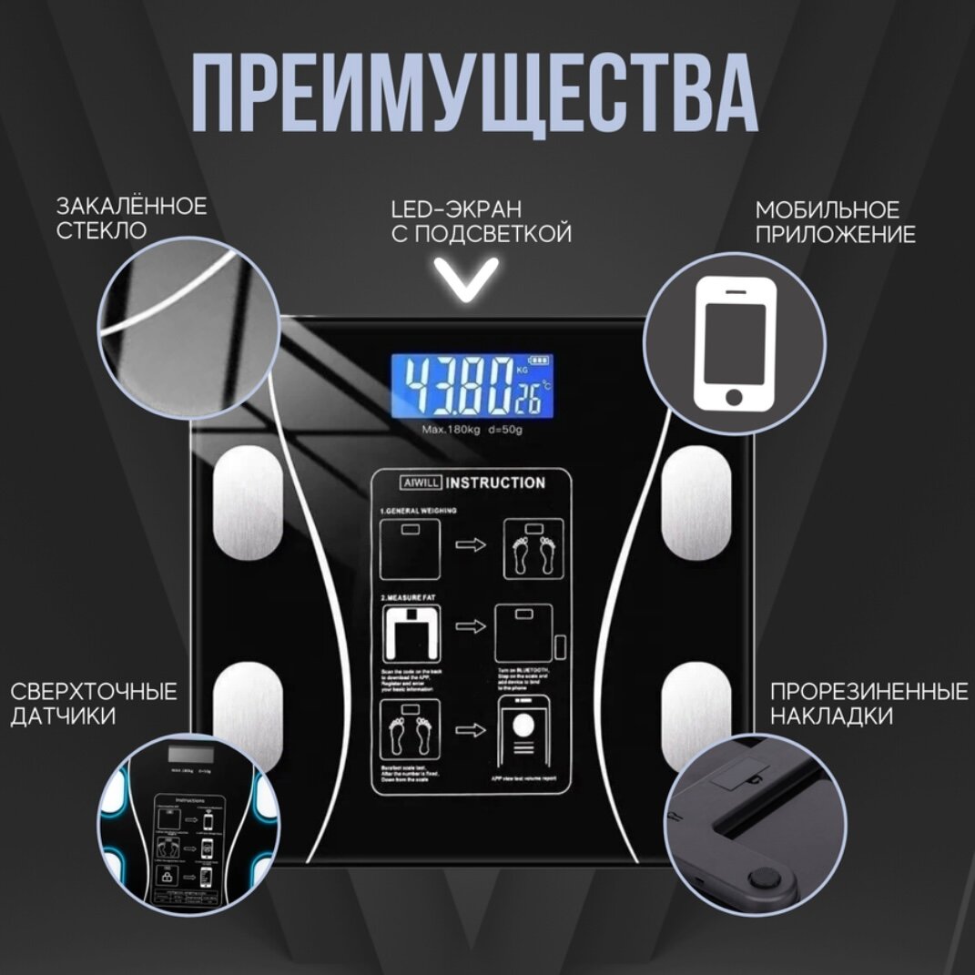 Напольные умные весы c bmi, электронные напольные весы для Xiaomi, iPhone, Android, белые — фото 1