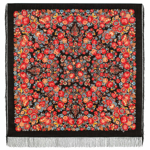 фото Платок павловопосадская платочная мануфактура,146х146 см, черный, оранжевый