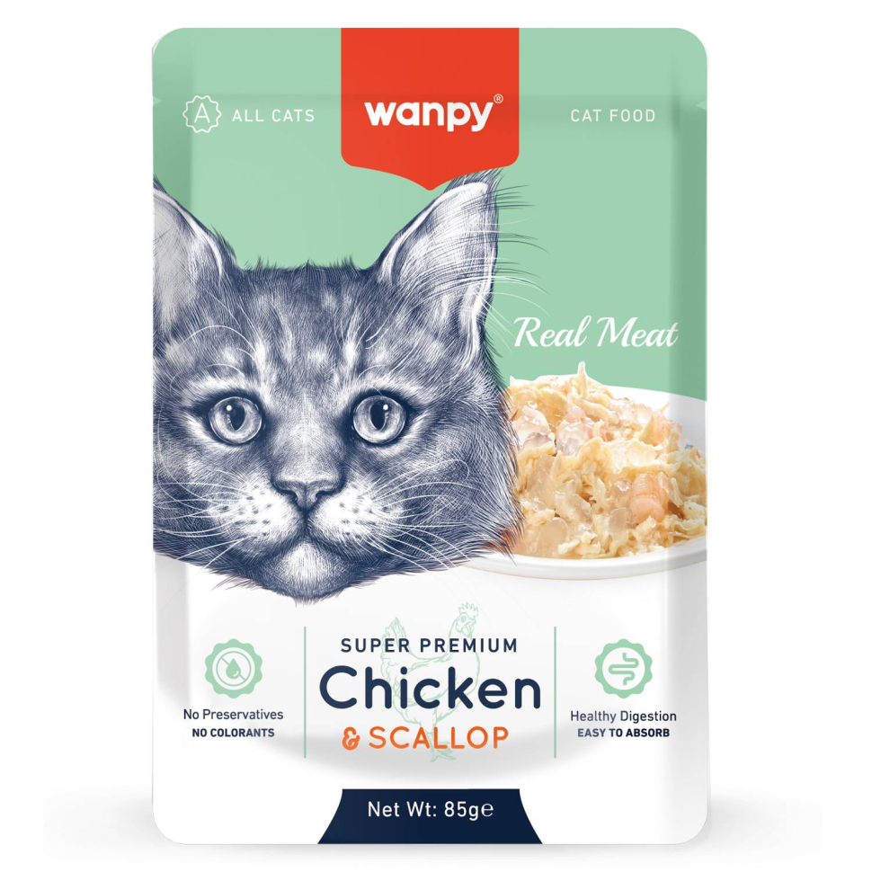 Wanpy Cat влажный корм для взрослых кошек с кусочками курицы и гребешка в паучах - 85 г х 12 шт