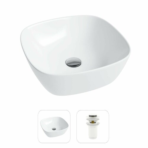 Накладная раковина в ванную Helmken 39340000 комплект 2 в 1: умывальник квадратный 40 см, донный клапан click-clack в цвете белый