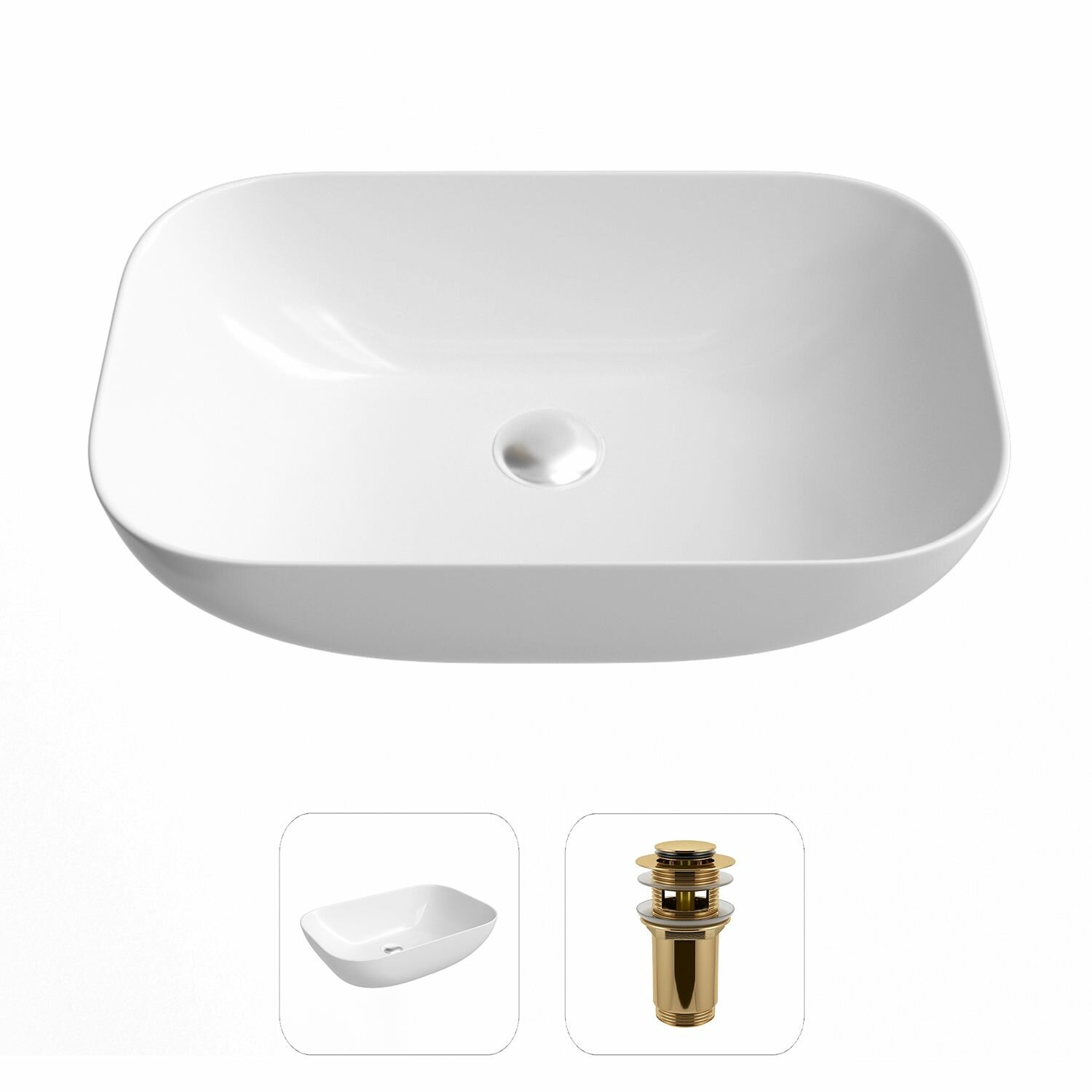 Накладная раковина в ванную Helmken 45450000 комплект 2 в 1: умывальник прямоугольный 50,5 см, донный клапан click-clack в цвете золото